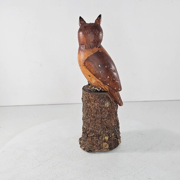 Hand-Carved Wooden Owl Figurine On Tree Stump Detailed Folk Art Vintage Bird - Picture 5 of 9